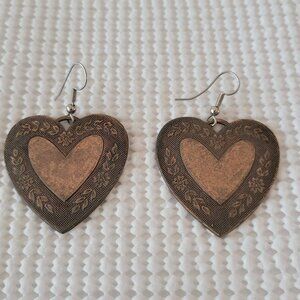 Bronze Copper Textured Etched Floral Leaf Large Heart Drop Dangle Hook Earrings